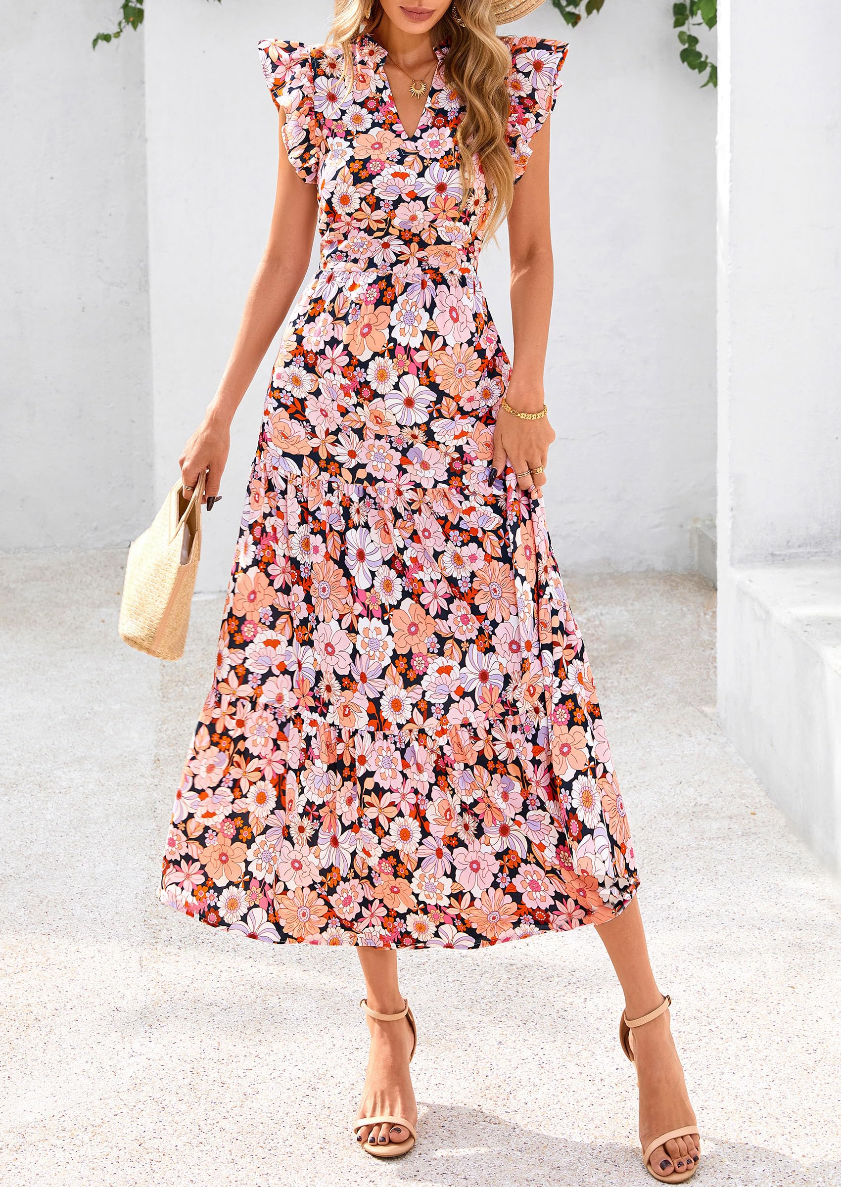 PRETTYGARDEN Women's Summer Floral Midi Dress Cap Sleeve V Neck Ruffle Long Flowy Boho Casual Beach Vacation Dresses