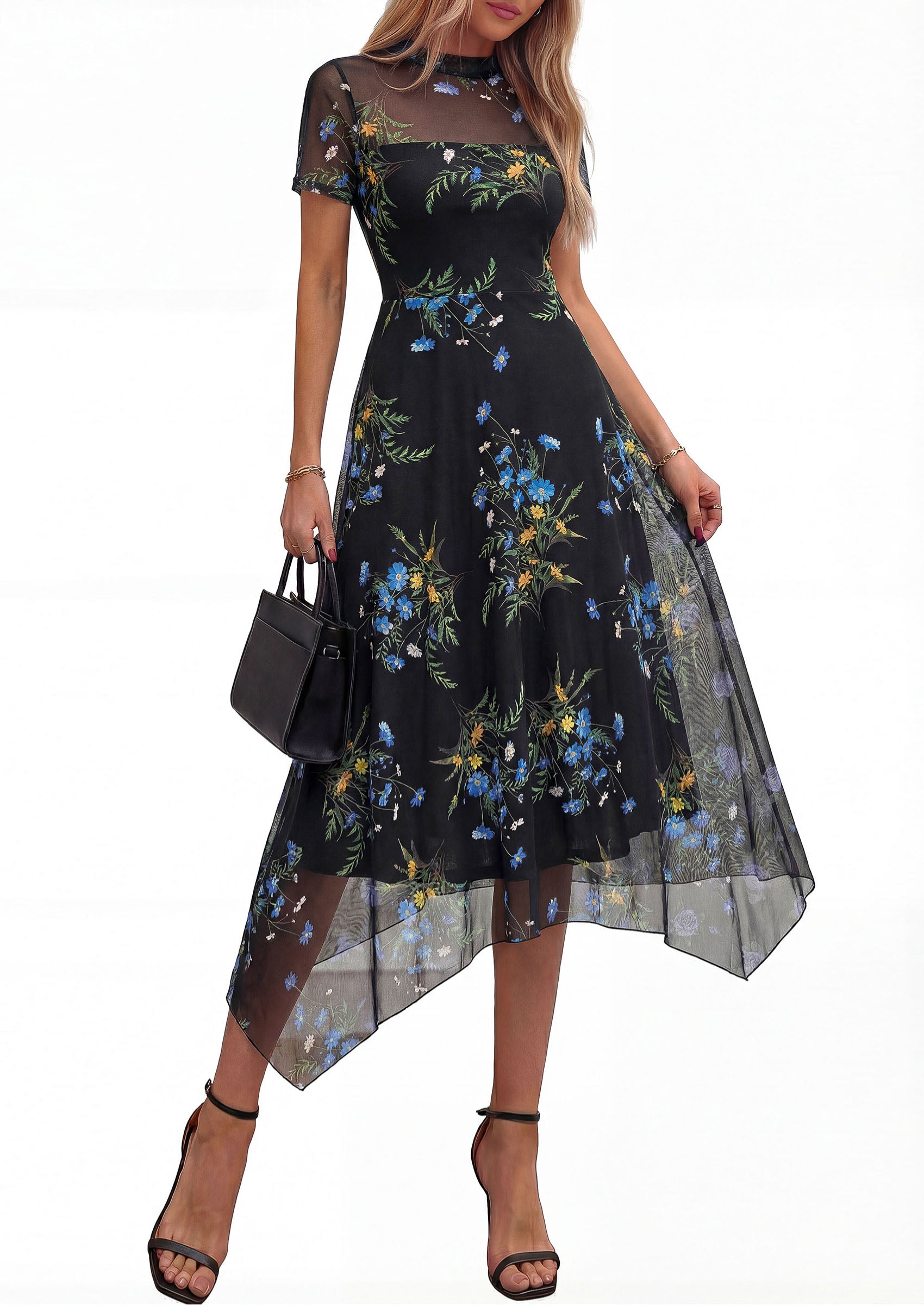 PRETTYGARDEN Cocktail Dresses for Women Summer Short Sleeve Floral Mesh Sheer Midi Party Wedding Guest Dress