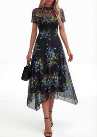 PRETTYGARDEN Cocktail Dresses for Women Summer Short Sleeve Floral Mesh Sheer Midi Party Wedding Guest Dress