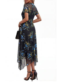 PRETTYGARDEN Cocktail Dresses for Women Summer Short Sleeve Floral Mesh Sheer Midi Party Wedding Guest Dress