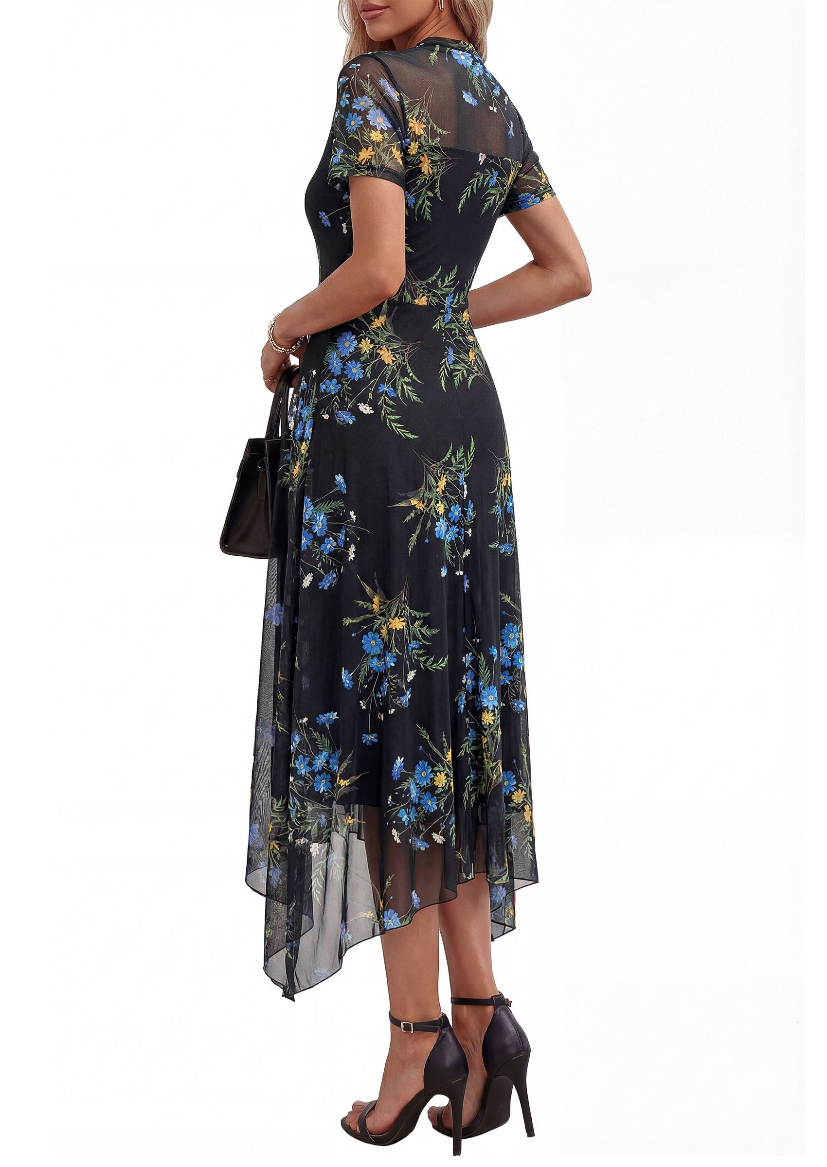 PRETTYGARDEN Cocktail Dresses for Women Summer Short Sleeve Floral Mesh Sheer Midi Party Wedding Guest Dress