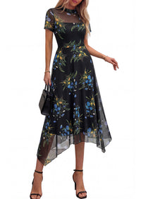 PRETTYGARDEN Cocktail Dresses for Women Summer Short Sleeve Floral Mesh Sheer Midi Party Wedding Guest Dress