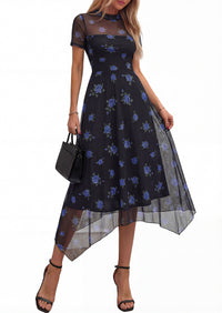 PRETTYGARDEN Cocktail Dresses for Women Summer Short Sleeve Floral Mesh Sheer Midi Party Wedding Guest Dress