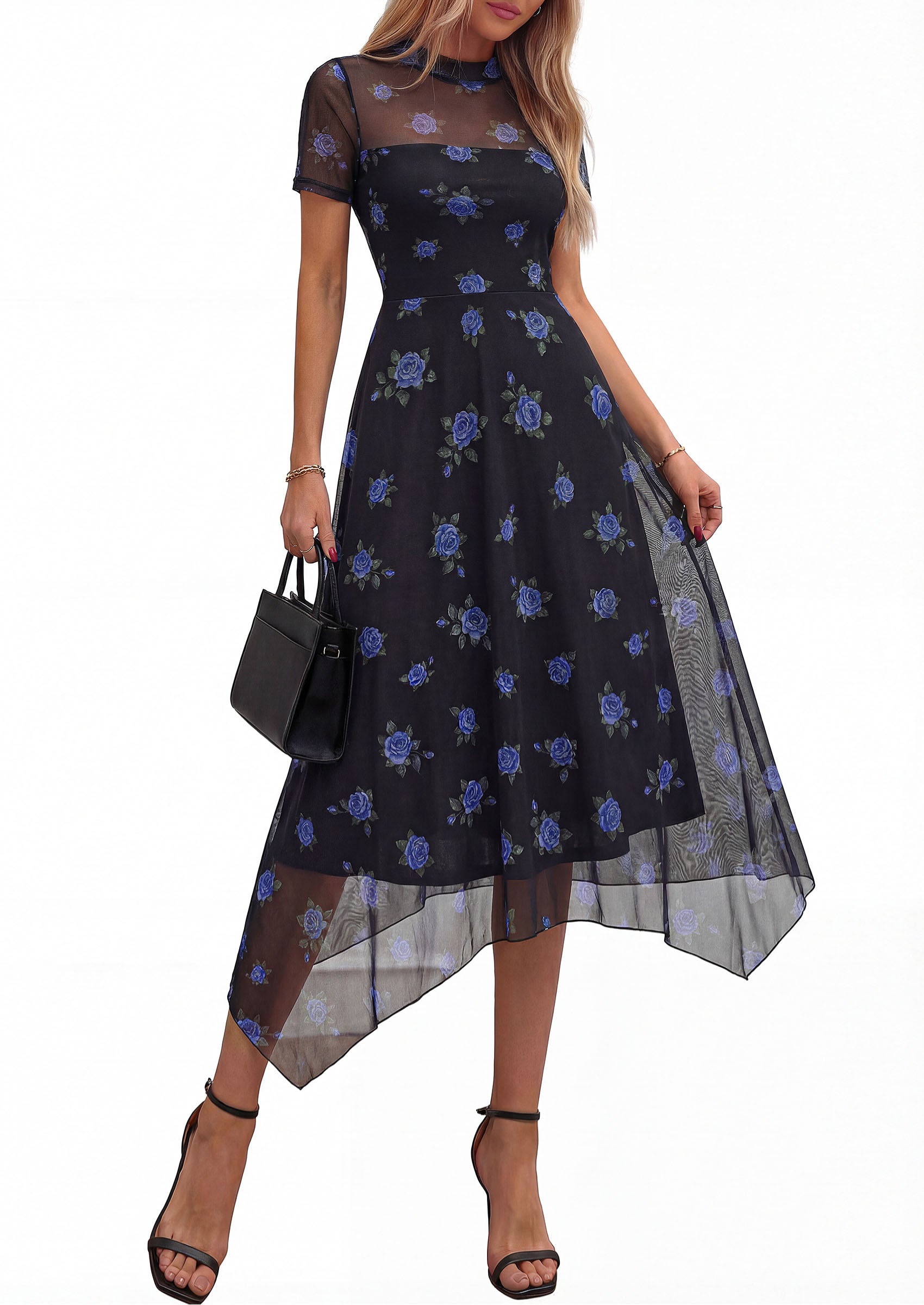 PRETTYGARDEN Cocktail Dresses for Women Summer Short Sleeve Floral Mesh Sheer Midi Party Wedding Guest Dress