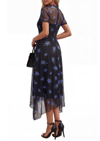 PRETTYGARDEN Cocktail Dresses for Women Summer Short Sleeve Floral Mesh Sheer Midi Party Wedding Guest Dress