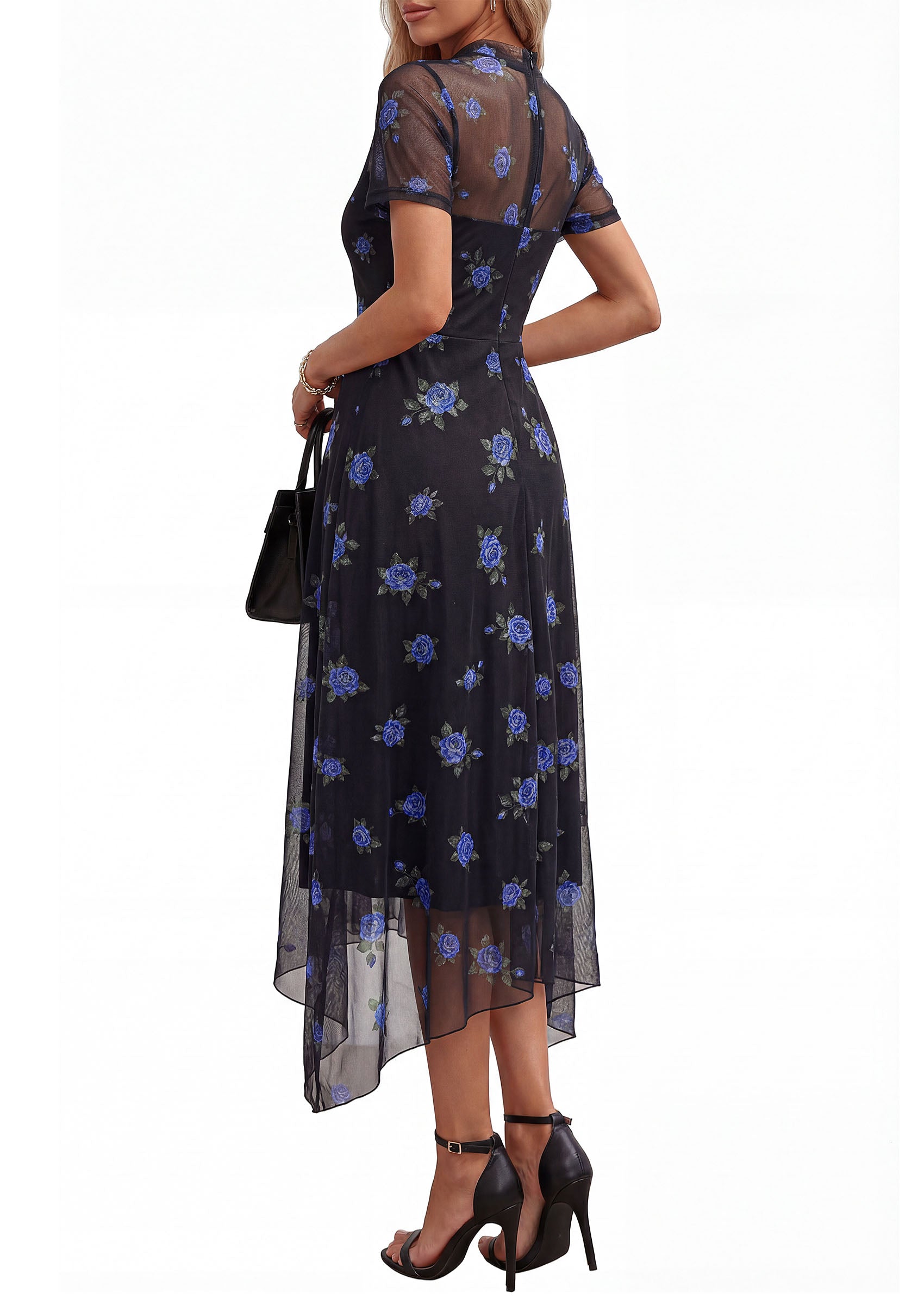 PRETTYGARDEN Cocktail Dresses for Women Summer Short Sleeve Floral Mesh Sheer Midi Party Wedding Guest Dress
