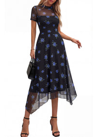 PRETTYGARDEN Cocktail Dresses for Women Summer Short Sleeve Floral Mesh Sheer Midi Party Wedding Guest Dress