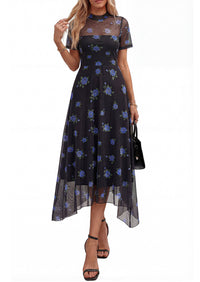 PRETTYGARDEN Cocktail Dresses for Women Summer Short Sleeve Floral Mesh Sheer Midi Party Wedding Guest Dress