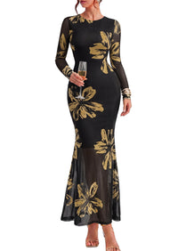 PRETTYGARDEN Womens Floral Mesh Long Sleeve Maxi Dresses 2026 Fall Wedding Guest Formal Cocktail Party Holiday Bodycon Dress