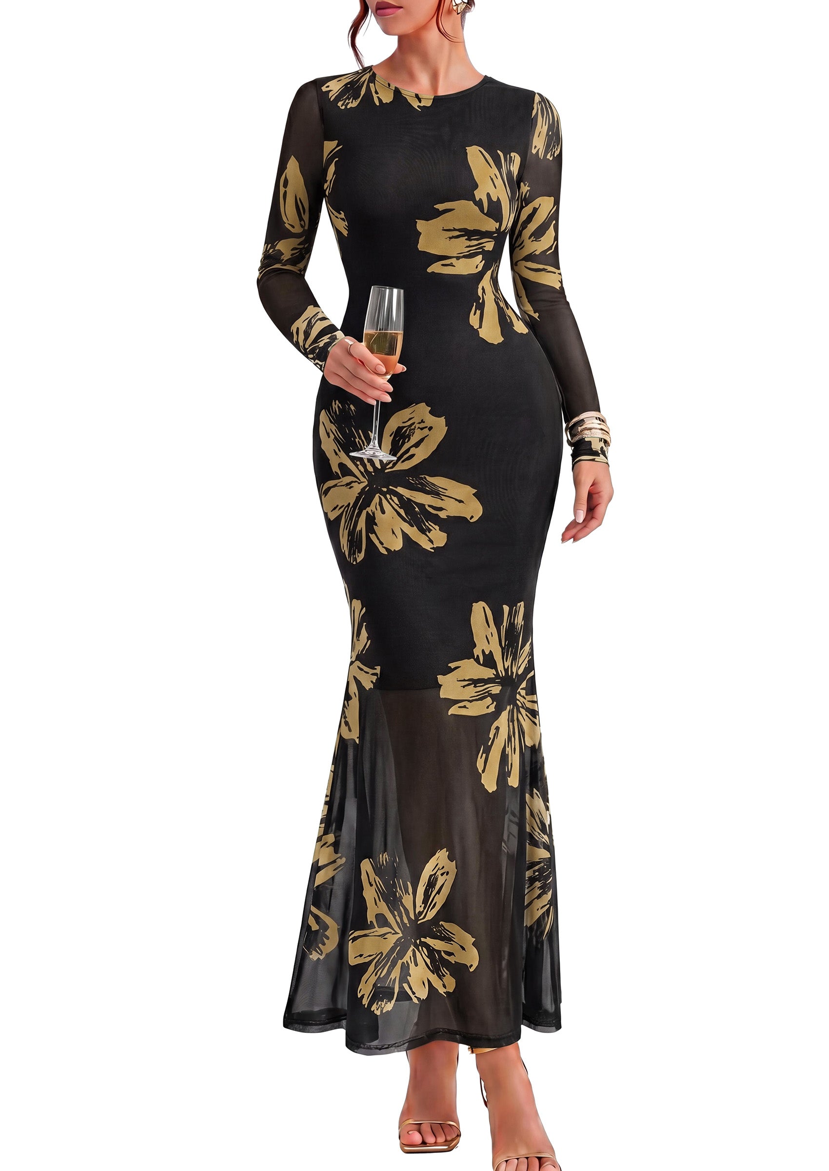 PRETTYGARDEN Womens Floral Mesh Long Sleeve Maxi Dresses 2026 Fall Wedding Guest Formal Cocktail Party Holiday Bodycon Dress