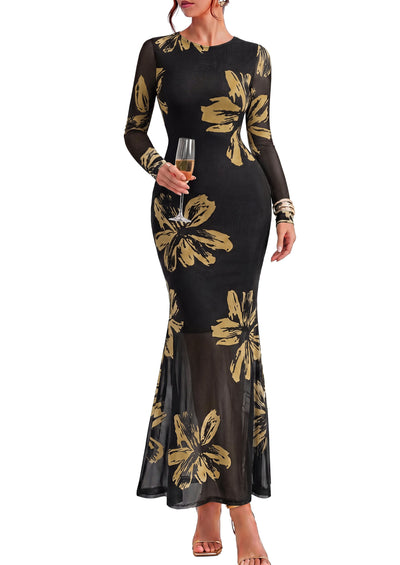PRETTYGARDEN Womens Floral Mesh Long Sleeve Maxi Dresses 2026 Fall Wedding Guest Formal Cocktail Party Holiday Bodycon Dress