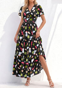 PRETTYGARDEN Women Summer Maxi Dresses Short Sleeve V Neck Button Floral Tiered Flowy Boho Sundress Beach Outfits