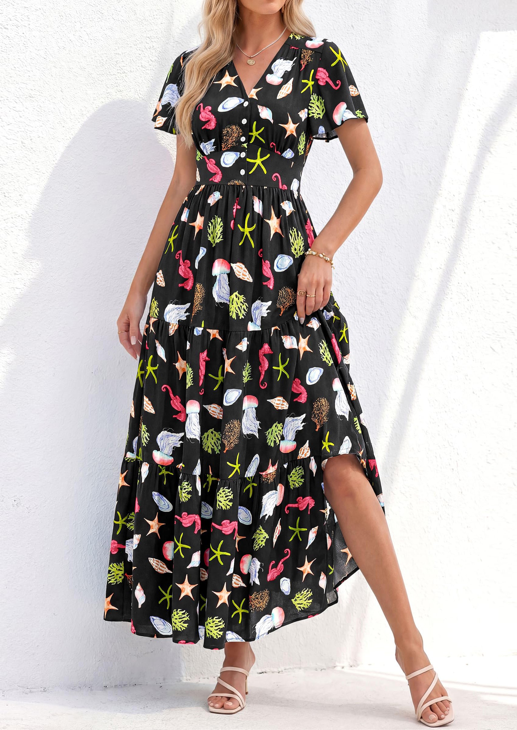 PRETTYGARDEN Women Summer Maxi Dresses Short Sleeve V Neck Button Floral Tiered Flowy Boho Sundress Beach Outfits