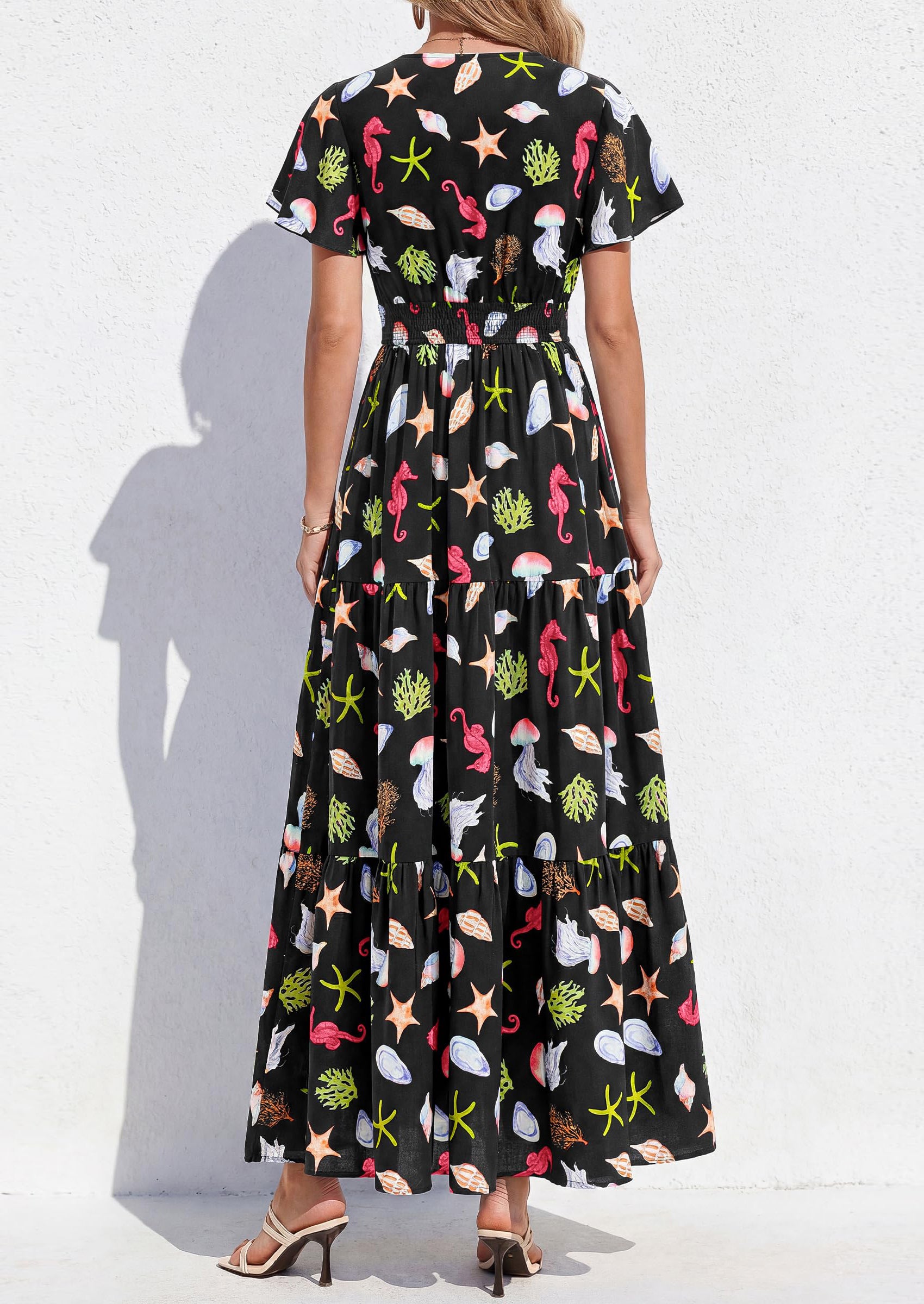 PRETTYGARDEN Women Summer Maxi Dresses Short Sleeve V Neck Button Floral Tiered Flowy Boho Sundress Beach Outfits
