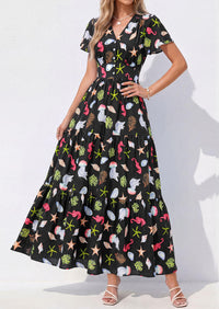 PRETTYGARDEN Women Summer Maxi Dresses Short Sleeve V Neck Button Floral Tiered Flowy Boho Sundress Beach Outfits