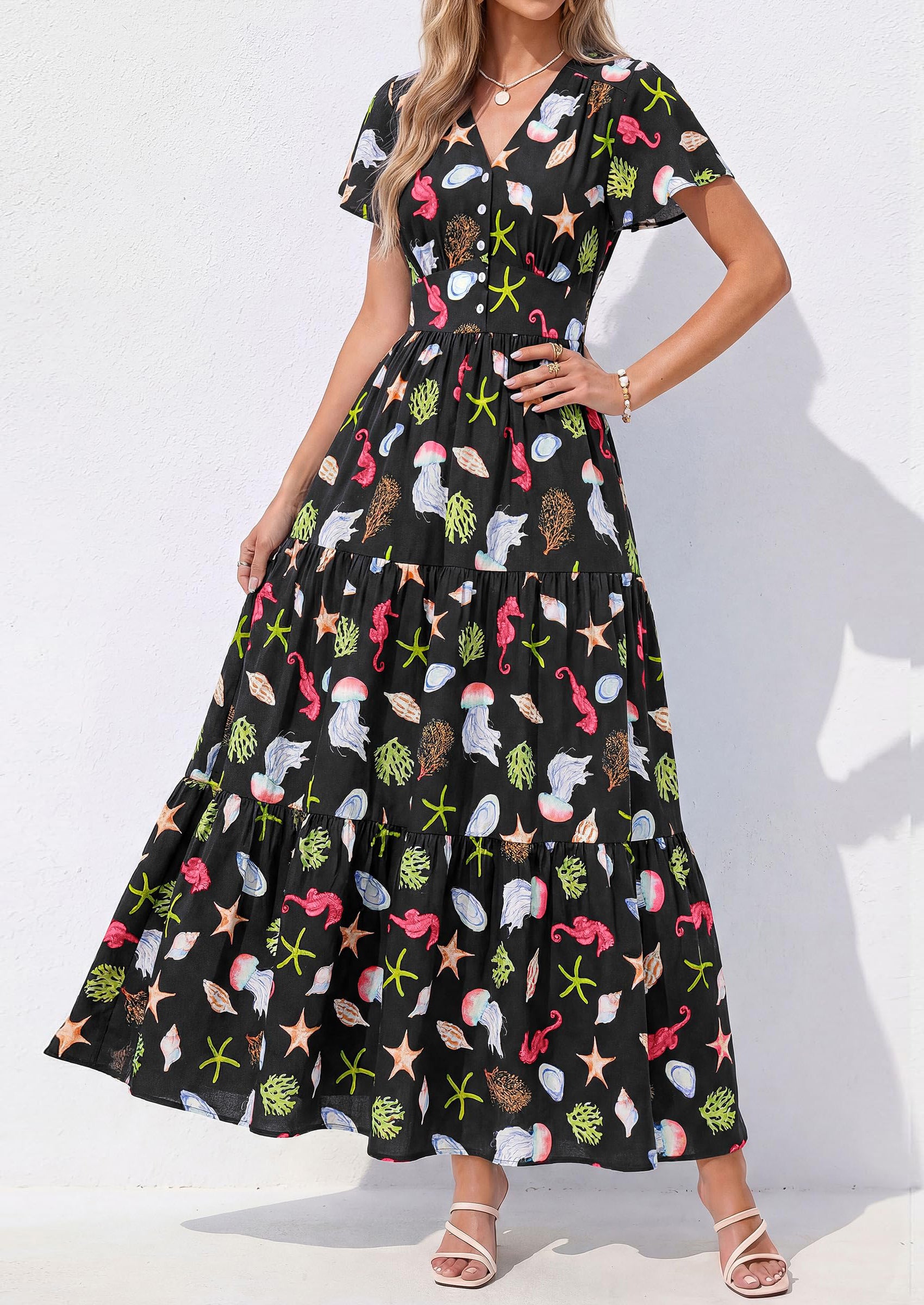 PRETTYGARDEN Women Summer Maxi Dresses Short Sleeve V Neck Button Floral Tiered Flowy Boho Sundress Beach Outfits