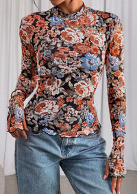 PRETTYGARDEN Womens Fall Mesh Floral Blouses Long Sleeve Going Out Tops Slim Fitted Shirts Date Night Outfits