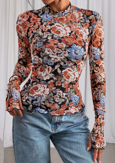 PRETTYGARDEN Womens Fall Mesh Floral Blouses Long Sleeve Going Out Tops Slim Fitted Shirts Date Night Outfits