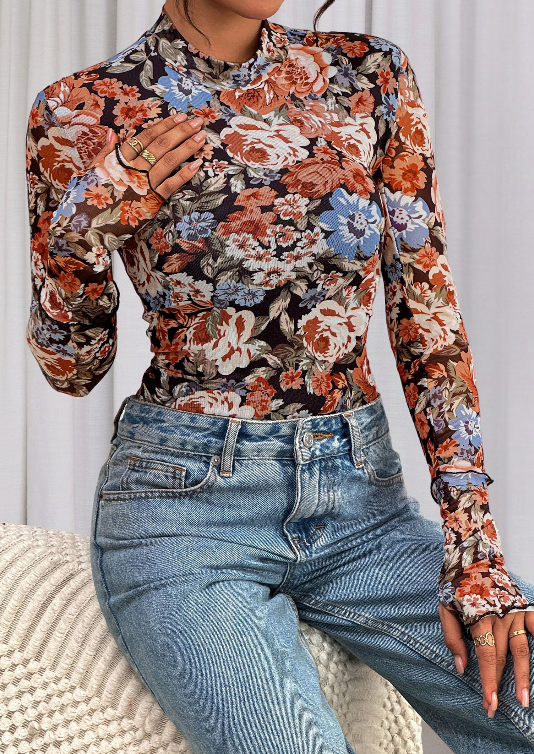 PRETTYGARDEN Womens Fall Mesh Floral Blouses Long Sleeve Going Out Tops Slim Fitted Shirts Date Night Outfits