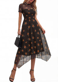 PRETTYGARDEN Cocktail Dresses for Women Summer Short Sleeve Floral Mesh Sheer Midi Party Wedding Guest Dress