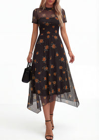 PRETTYGARDEN Cocktail Dresses for Women Summer Short Sleeve Floral Mesh Sheer Midi Party Wedding Guest Dress
