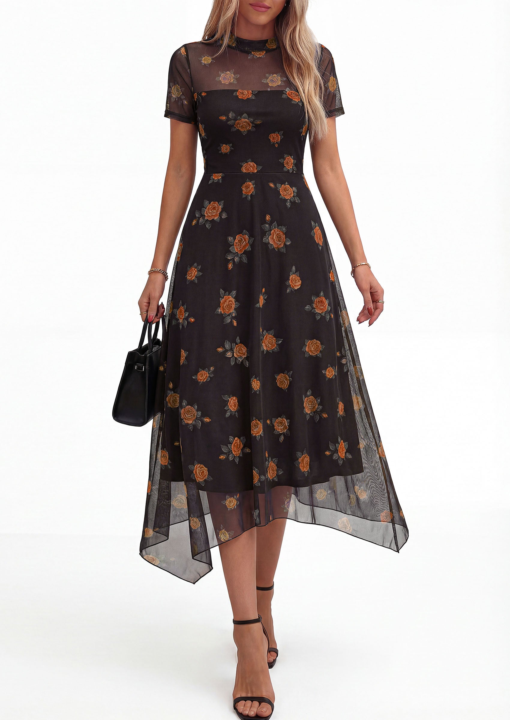 PRETTYGARDEN Cocktail Dresses for Women Summer Short Sleeve Floral Mesh Sheer Midi Party Wedding Guest Dress
