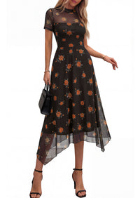 PRETTYGARDEN Cocktail Dresses for Women Summer Short Sleeve Floral Mesh Sheer Midi Party Wedding Guest Dress