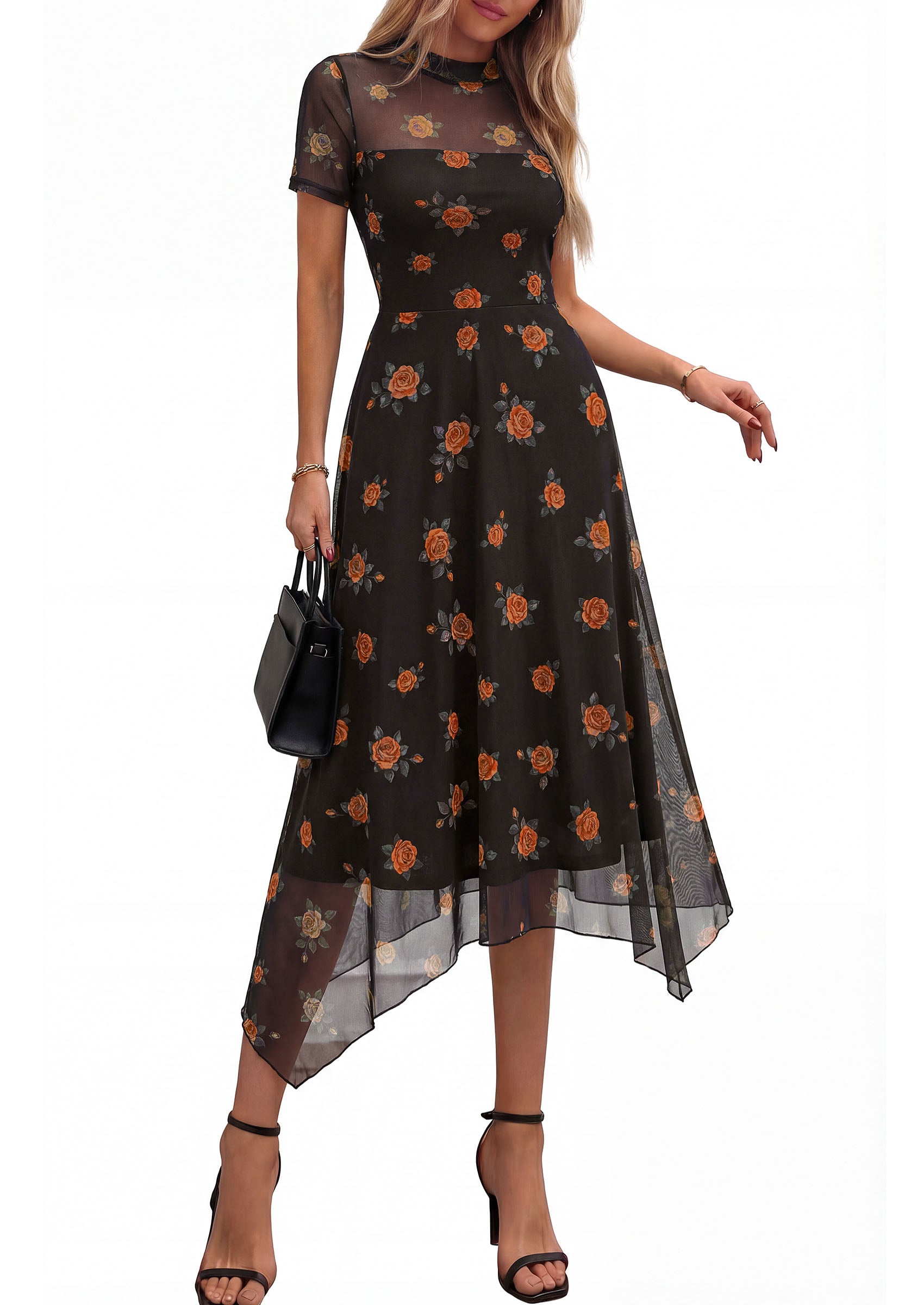 PRETTYGARDEN Cocktail Dresses for Women Summer Short Sleeve Floral Mesh Sheer Midi Party Wedding Guest Dress