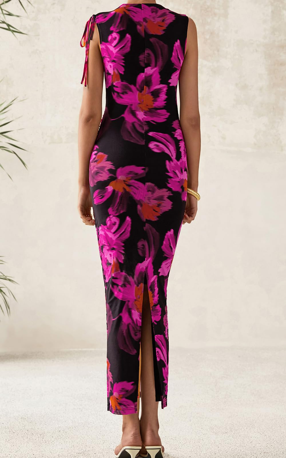 PRETTYGARDEN Women's Summer Maxi Floral Dresses Ruched Bodycon Sleeveless Mesh Formal Wedding Guest Cocktail Split Long Dress PRETTYGARDEN