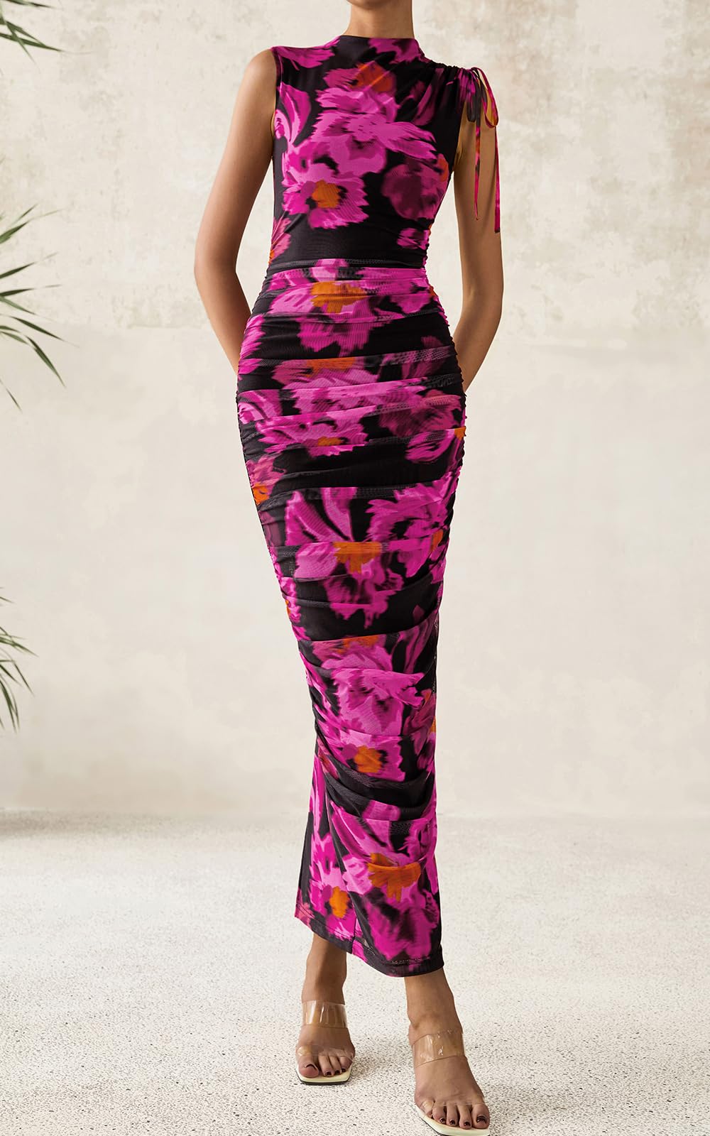 PRETTYGARDEN Women's Summer Maxi Floral Dresses Ruched Bodycon Sleeveless Mesh Formal Wedding Guest Cocktail Split Long Dress PRETTYGARDEN