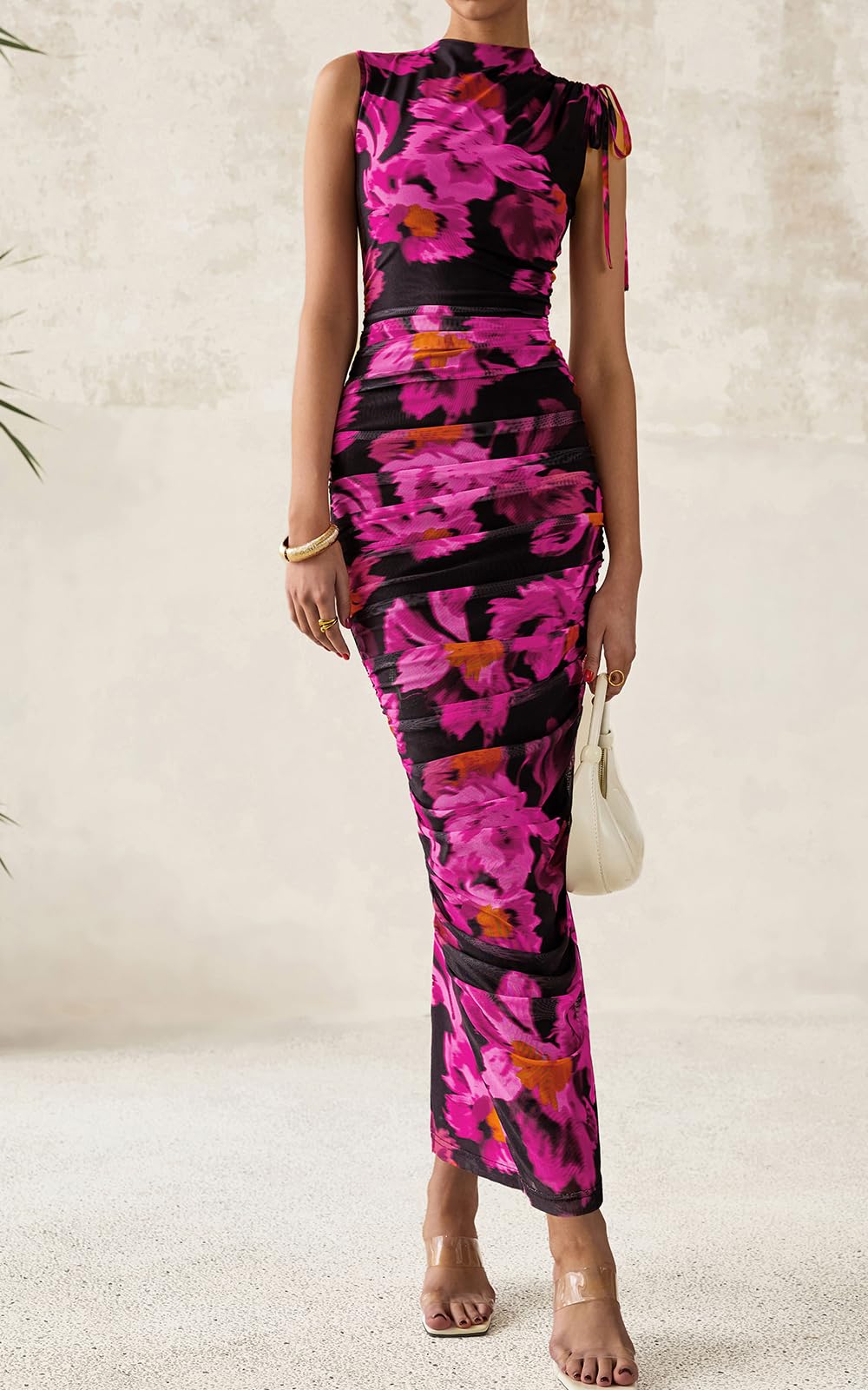 PRETTYGARDEN Women's Summer Maxi Floral Dresses Ruched Bodycon Sleeveless Mesh Formal Wedding Guest Cocktail Split Long Dress PRETTYGARDEN