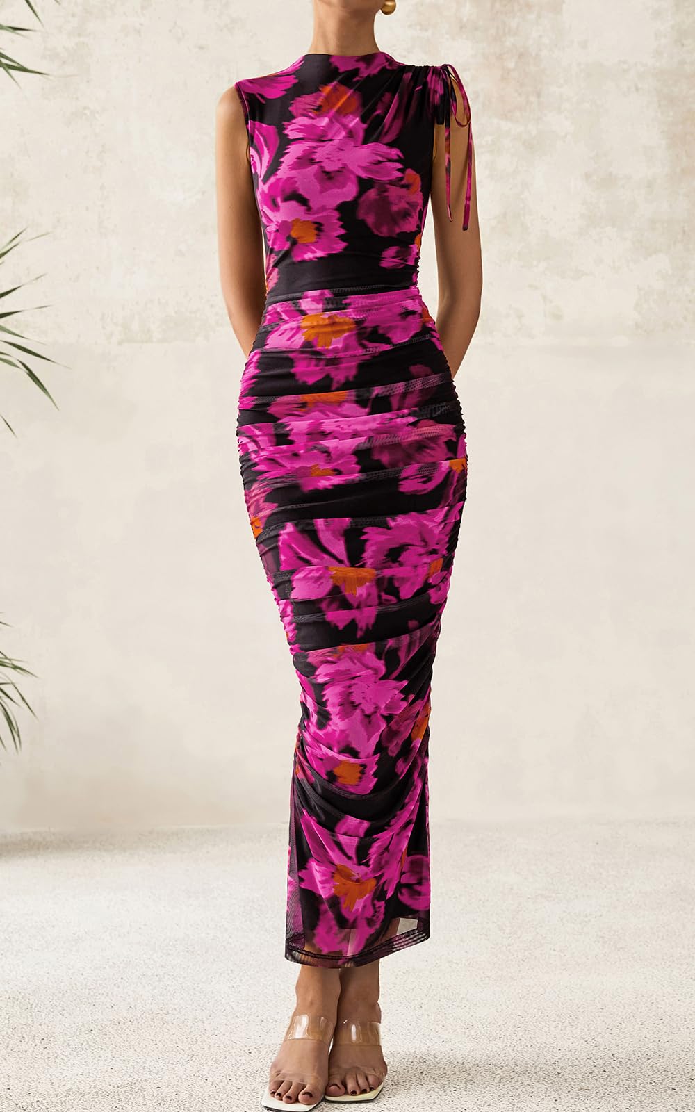 PRETTYGARDEN Women's Summer Maxi Floral Dresses Ruched Bodycon Sleeveless Mesh Formal Wedding Guest Cocktail Split Long Dress PRETTYGARDEN