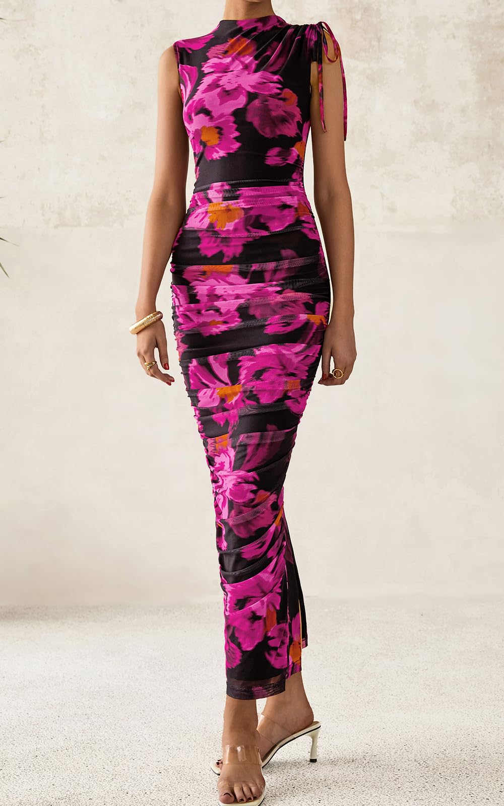 PRETTYGARDEN Women's Summer Maxi Floral Dresses Ruched Bodycon Sleeveless Mesh Formal Wedding Guest Cocktail Split Long Dress PRETTYGARDEN