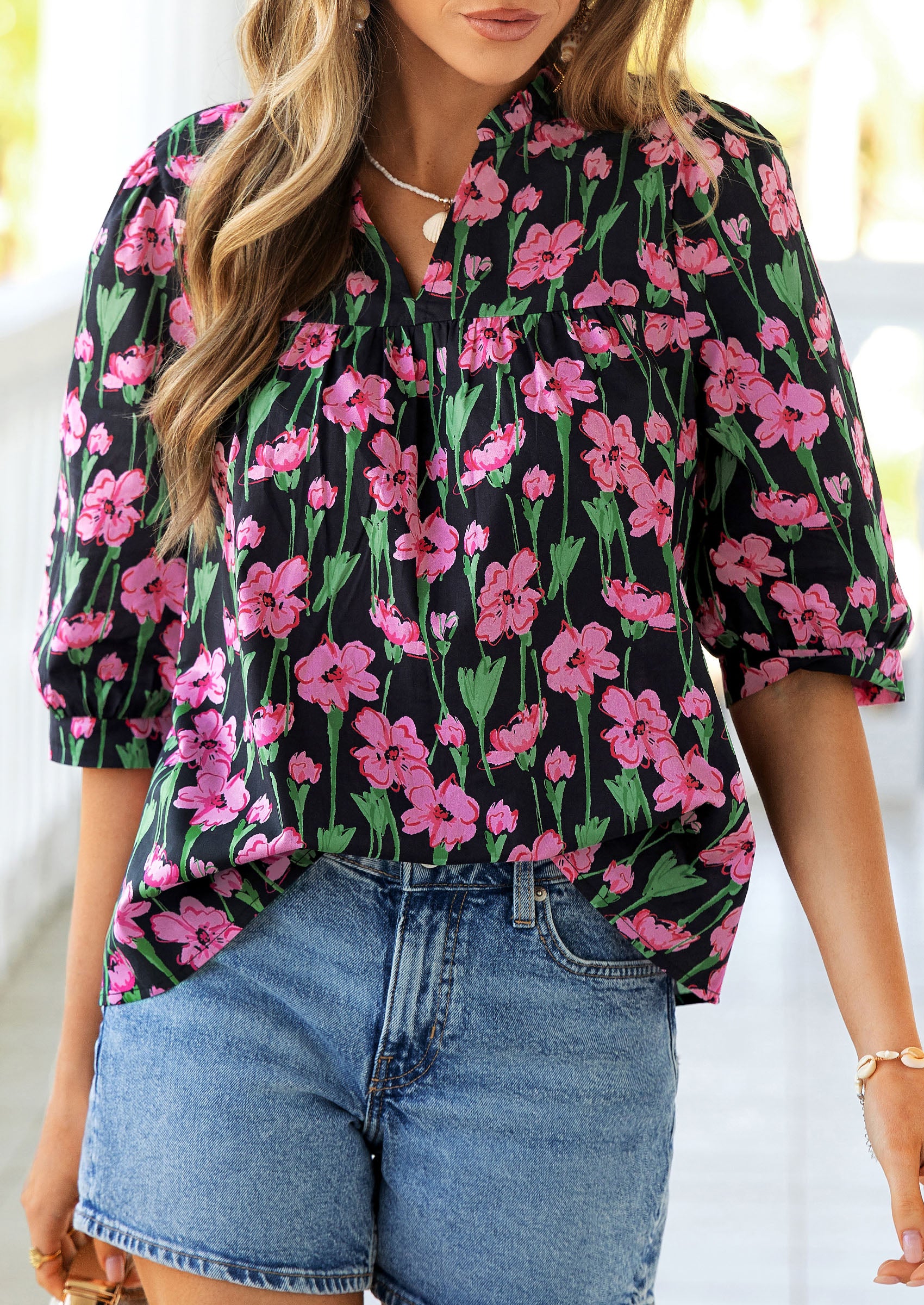 PRETTYGARDEN Women's Summer Floral Blouses Dressy Casual Half Sleeve V Neck Going Out Boho Tops Spring Fashion Clothing