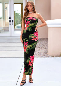 PRETTYGARDEN Bodycon Long Dresses for Women Strapless Tube Summer Floral Maxi Dress Sleeveless Back Slit Beach Outfits