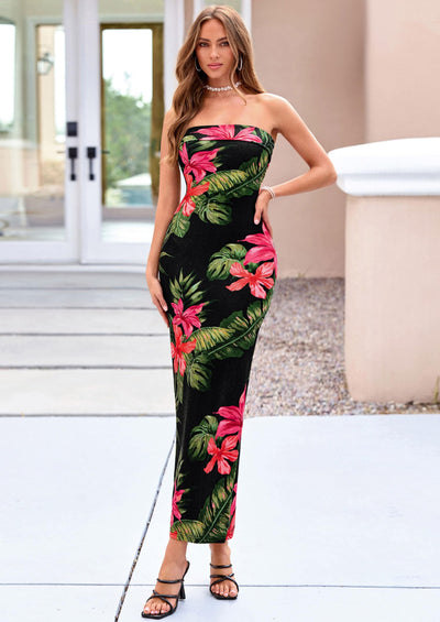 PRETTYGARDEN Bodycon Long Dresses for Women Strapless Tube Summer Floral Maxi Dress Sleeveless Back Slit Beach Outfits