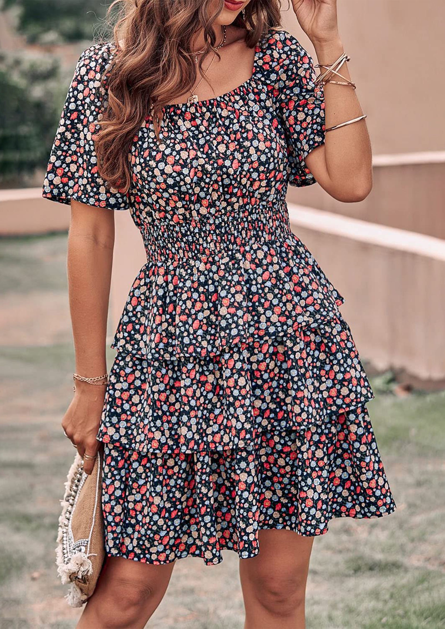 PRETTYGARDEN Women Floral Square Neck Short Sleeve Tiered Ruffle Boho Mini Dresses