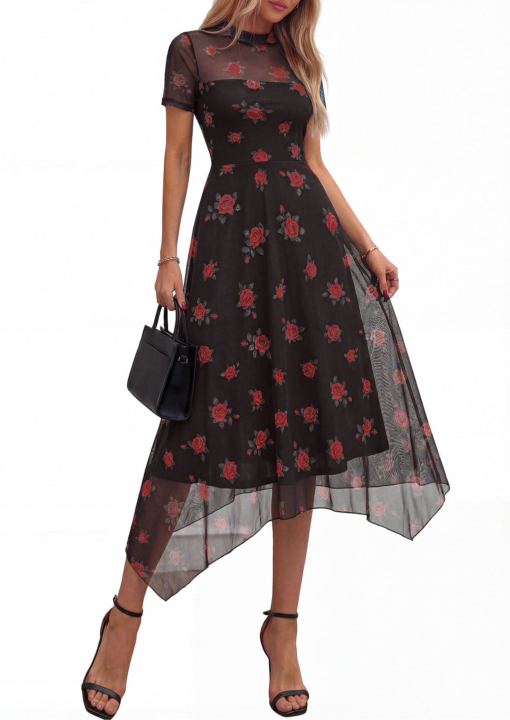 PRETTYGARDEN Cocktail Dresses for Women Summer Short Sleeve Floral Mesh Sheer Midi Party Wedding Guest Dress