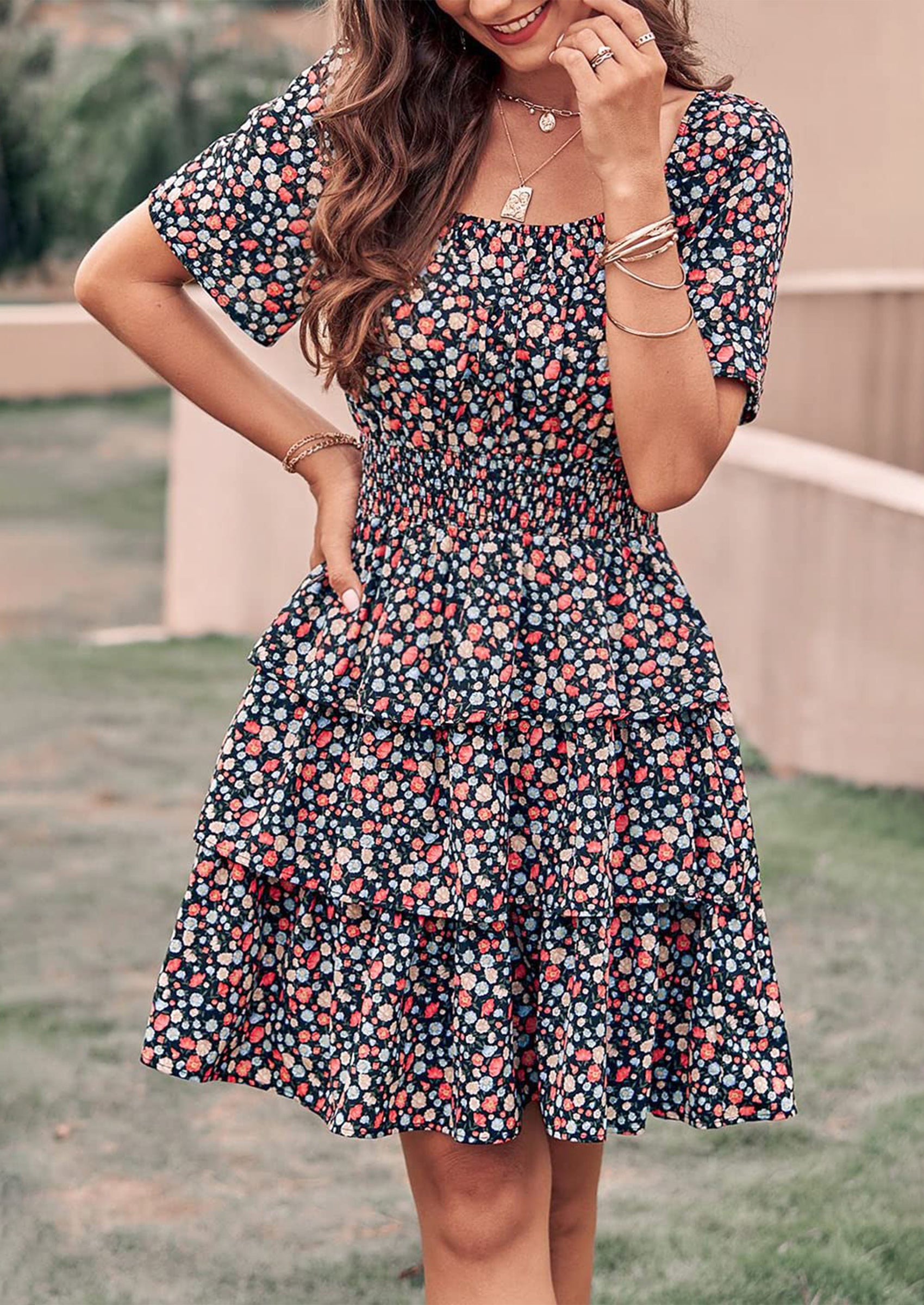 PRETTYGARDEN Women Floral Square Neck Short Sleeve Tiered Ruffle Boho Mini Dresses