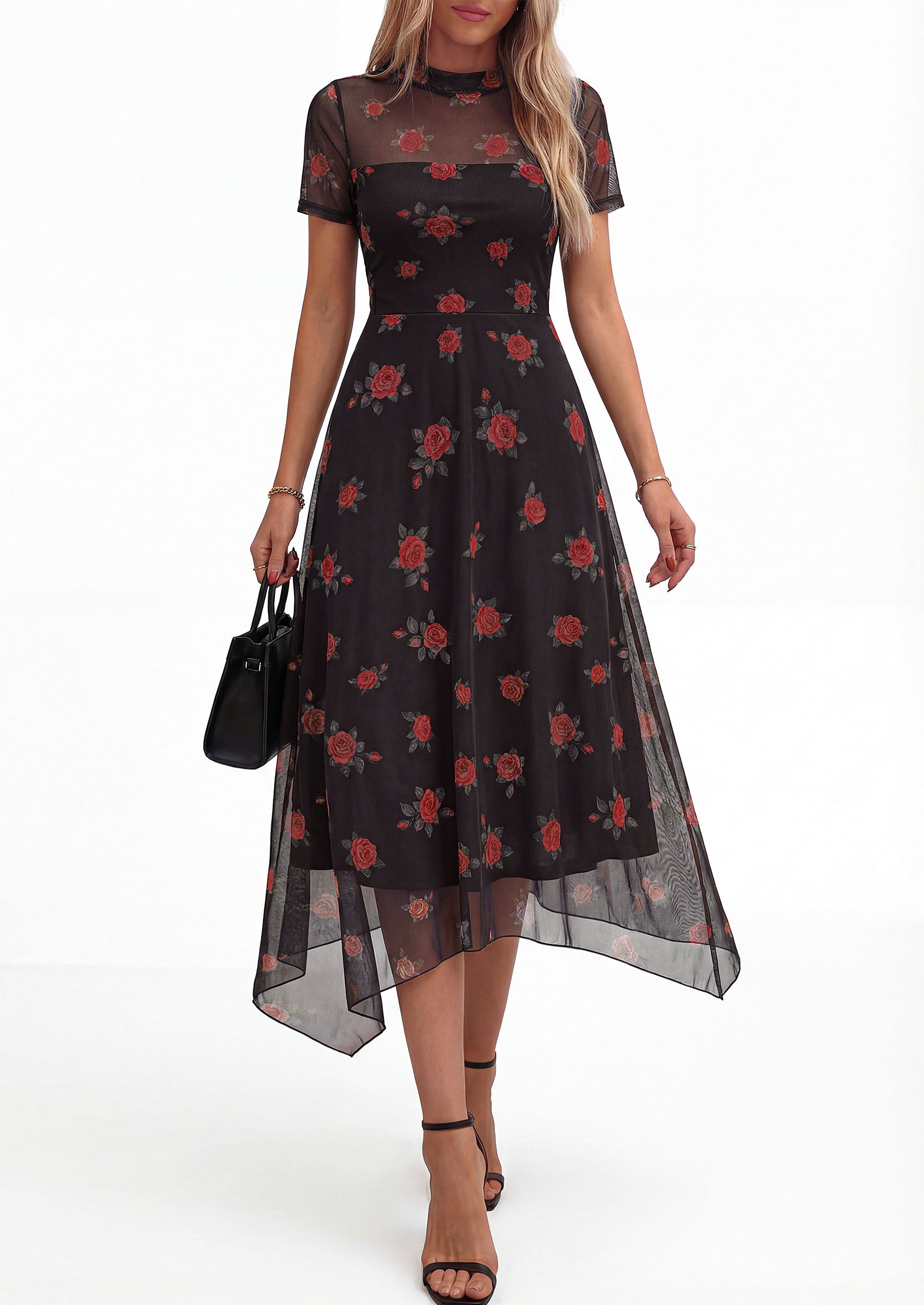 PRETTYGARDEN Cocktail Dresses for Women Summer Short Sleeve Floral Mesh Sheer Midi Party Wedding Guest Dress