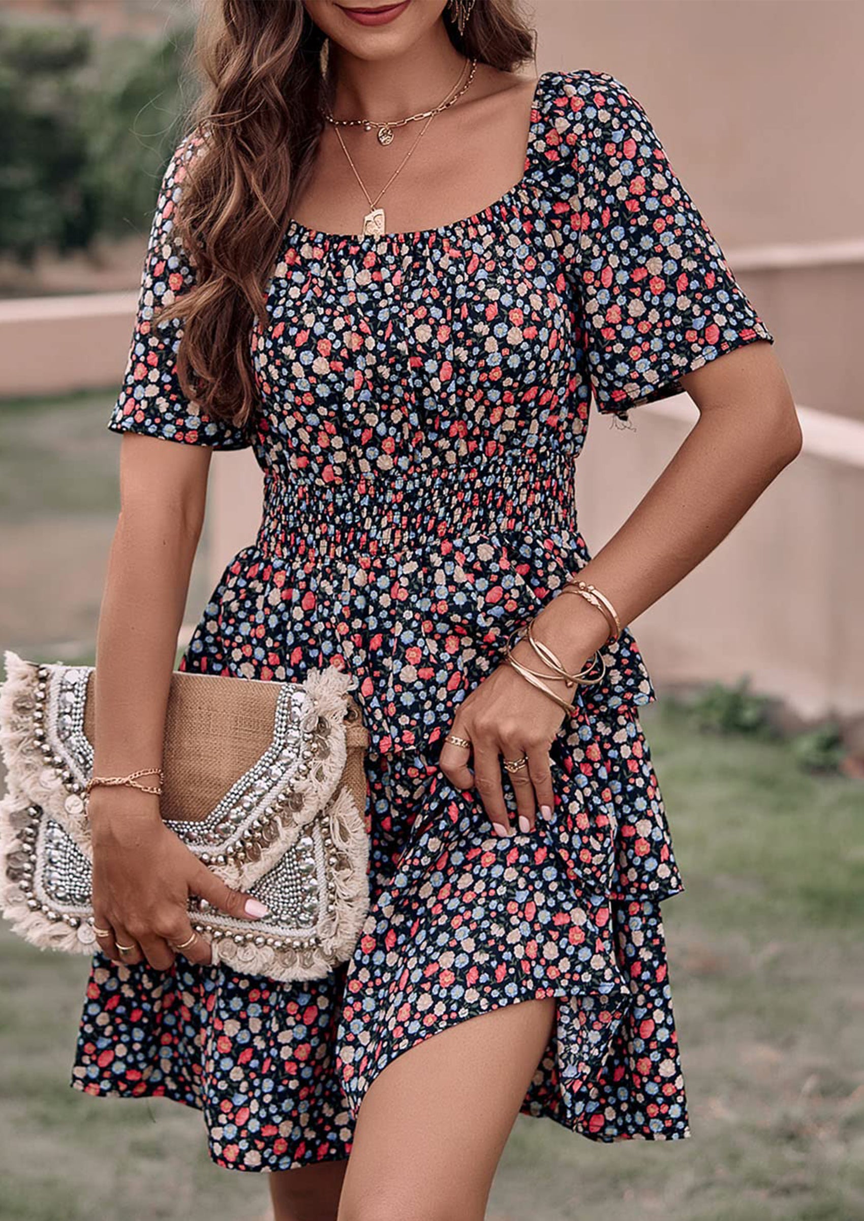 PRETTYGARDEN Women Floral Square Neck Short Sleeve Tiered Ruffle Boho Mini Dresses