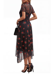 PRETTYGARDEN Cocktail Dresses for Women Summer Short Sleeve Floral Mesh Sheer Midi Party Wedding Guest Dress