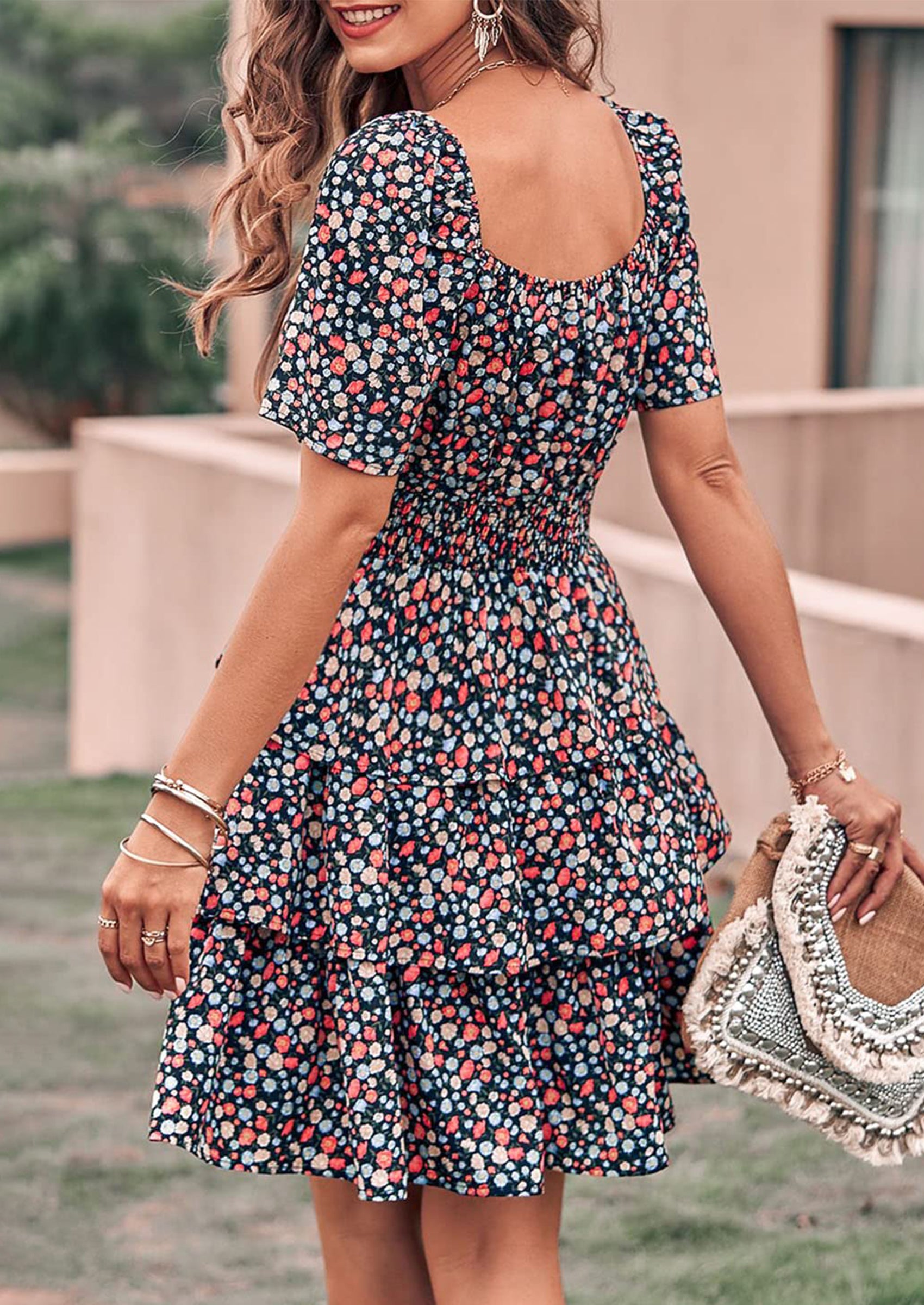 PRETTYGARDEN Women Floral Square Neck Short Sleeve Tiered Ruffle Boho Mini Dresses