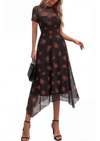 PRETTYGARDEN Cocktail Dresses for Women Summer Short Sleeve Floral Mesh Sheer Midi Party Wedding Guest Dress