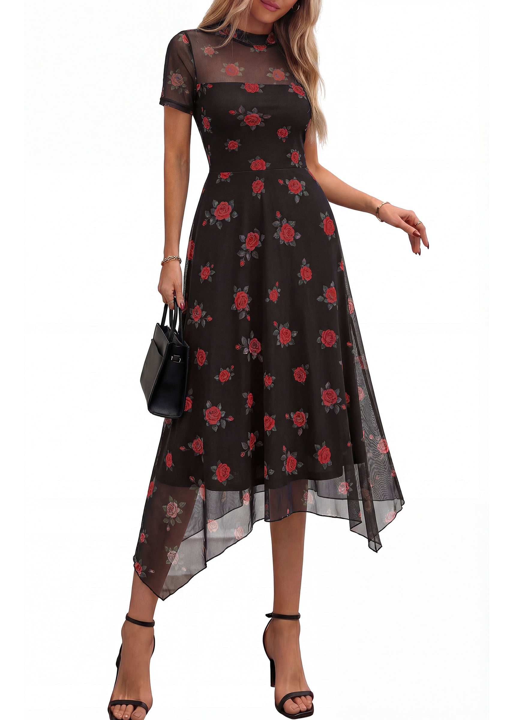 PRETTYGARDEN Cocktail Dresses for Women Summer Short Sleeve Floral Mesh Sheer Midi Party Wedding Guest Dress