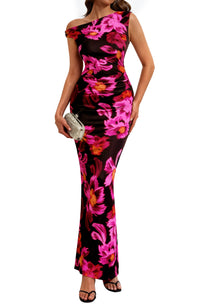 PRETTYGARDEN Women Summer One Shoulder Sleeveless Floral Maxi Dress Bodycon Ruched Mesh Formal Cocktail Wedding Guest Dresses PRETTYGARDEN