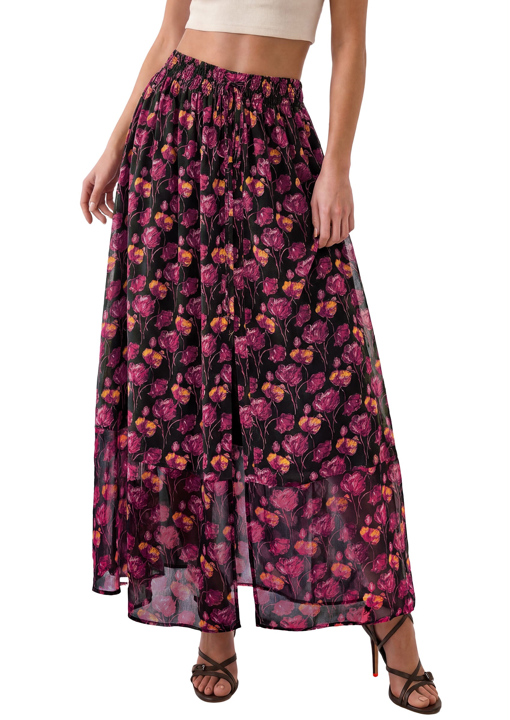 PRETTYGARDEN 2026 Summer Maxi Long Skirts for Women Trendy Boho Floral High Waisted Slit Flowy Travel Beach Vacation Clothes