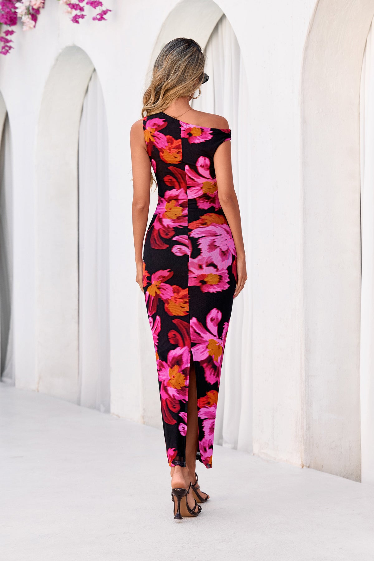 PRETTYGARDEN Women Summer One Shoulder Sleeveless Floral Maxi Dress Bodycon Ruched Mesh Formal Cocktail Wedding Guest Dresses PRETTYGARDEN