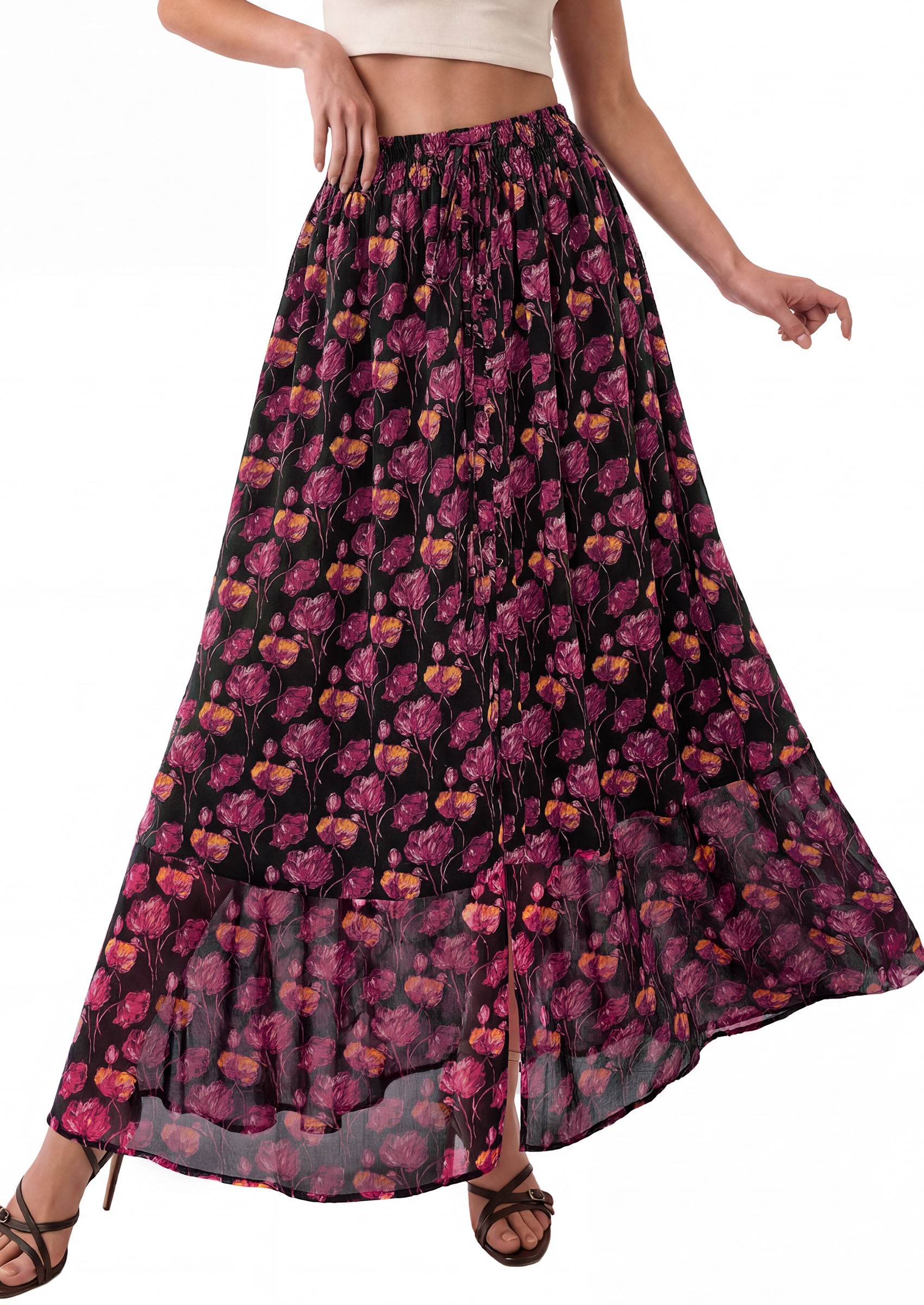 PRETTYGARDEN 2026 Summer Maxi Long Skirts for Women Trendy Boho Floral High Waisted Slit Flowy Travel Beach Vacation Clothes