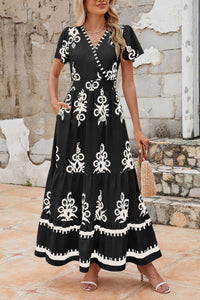 Womens Summer Casual V Neck Boho Maxi Dress Flowy Aline Bell Sleeve Tiered Floral Dresses with Pocket